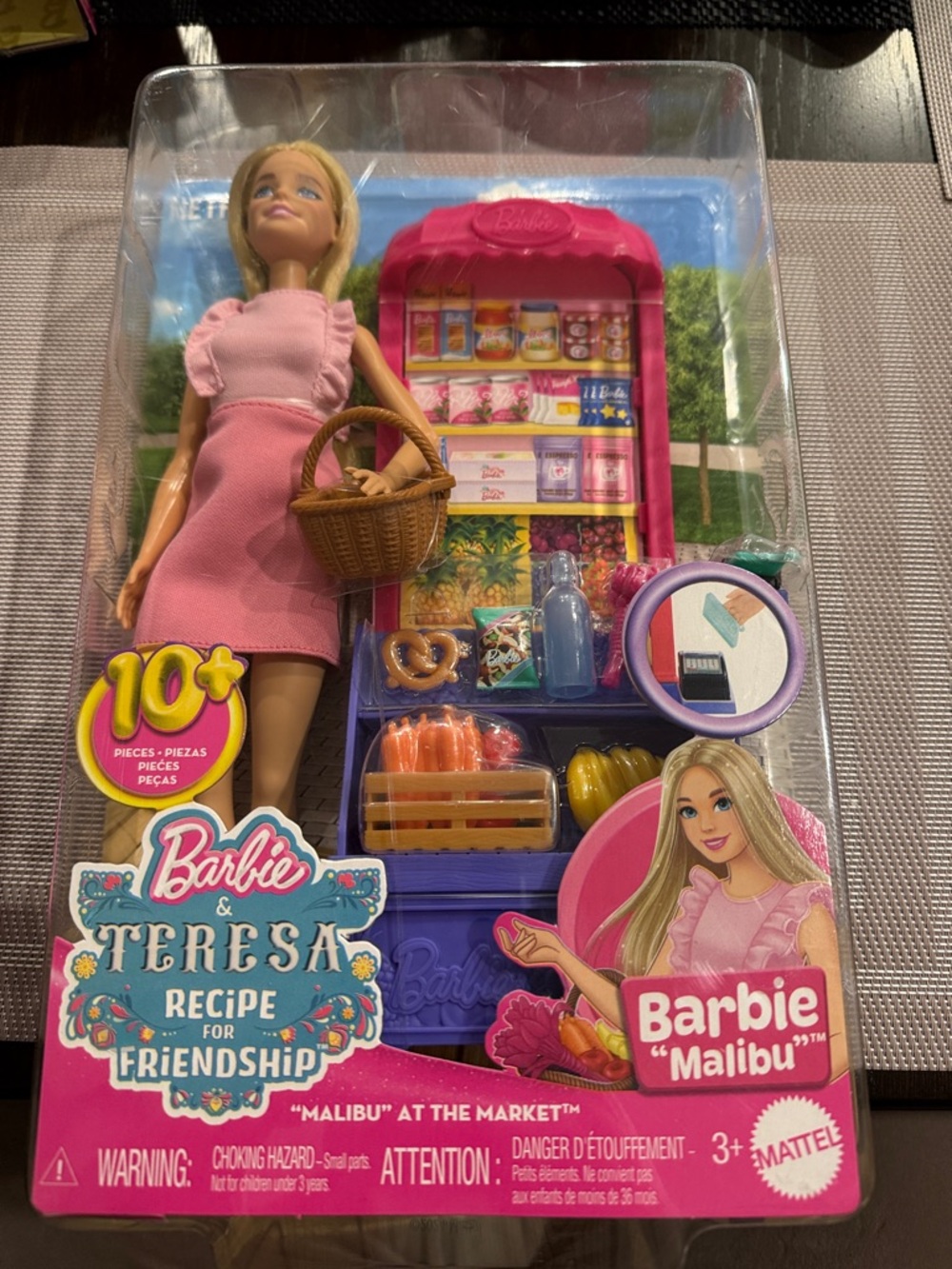 Mattel Barbie Malibu Doll with Pink Dress & Purple Market Stand